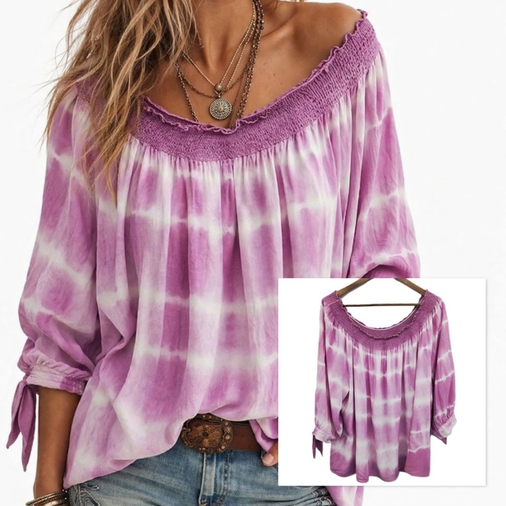 Unique Spectrum Tie Dye Peasant Blouse Smocked Rayon 3/4 Sleeve Boho Festival 3X